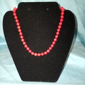Monet Vintage Red Marbled Bead Knotted Necklace Gold Tone Adjustable Clasp